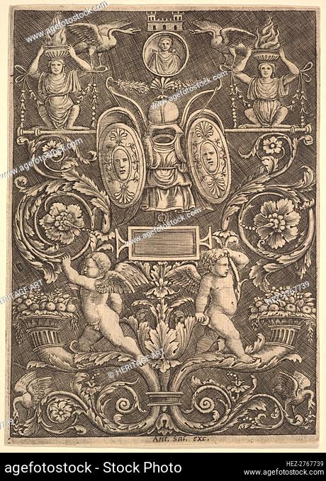 A panel of ornament, putti standing on cornucopia in lower section, 1530-60. Creator: Master of the Die