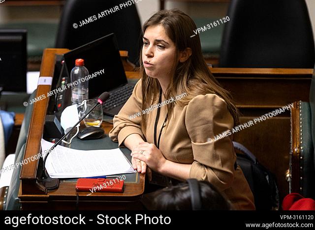 Vooruit's Vicky Reynaert pictured during a plenary session of the Chamber at the Federal Parliament in Brussels, Wednesday 22 December 2021