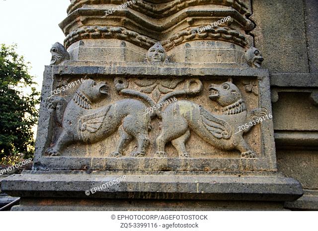 Carving details on the outer wall of the Changa Wateshwar Temple at Saswad, Maharashtra, India