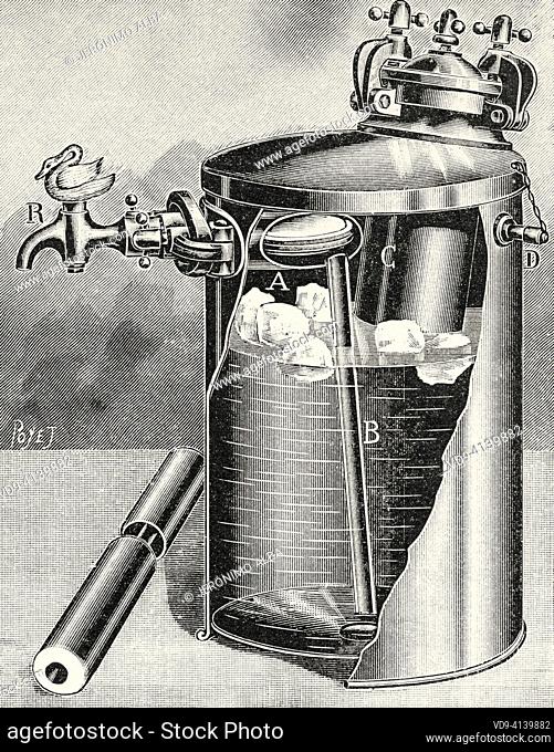 Portable Filter Fountain. Old 19th century engraved illustration from La Nature 1899