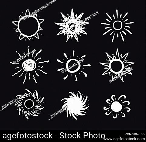 Sun drawn vector icons set on black background