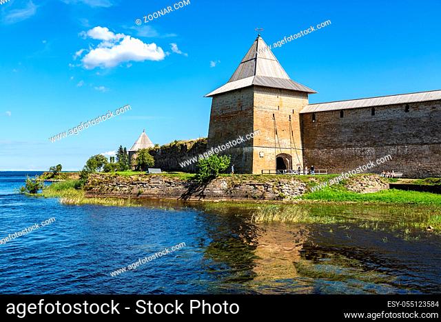 Shlisselburg, Russia - August 8, 2018: Historical Oreshek fortress is an ancient Russian fortress. Shlisselburg Fortress near the St