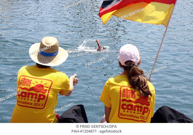German Supporters of DSV-Jugend cheer during the men's 10 km Marathon Open Water event of the 15th FINA Swimming World Championships at Moll de la Fusta on the...