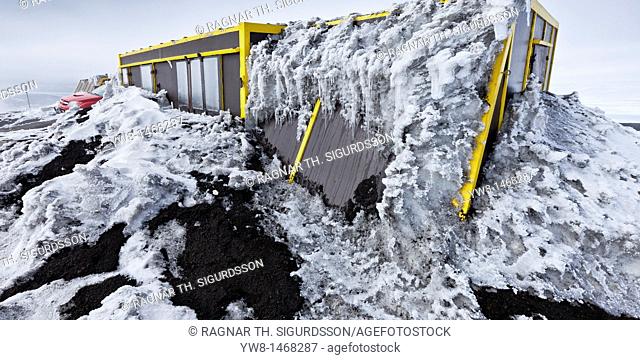Research hut covered in ash fall and glacial Ice, Grimsvotn Eruption, Iceland  Hut is located on Mt Grimsfjall approx  4 kilometers from the crater  The...