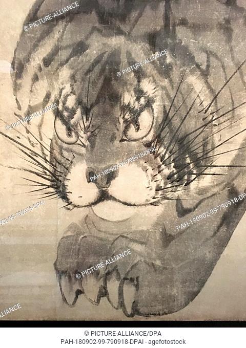 31.08.2018, Switzerland, Zurich: Japan's most famous tiger, an ink drawing by the painter Rosetsu (1754 - 1799) from the Muryoji Temple in Kushimoto