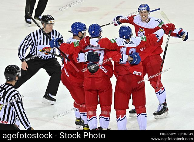 Czech players celebrate afterwards disclaimed goal during the 2021 IIHF Ice Hockey World Championship, Group A match Denmark vs Czech Republic, played in Riga