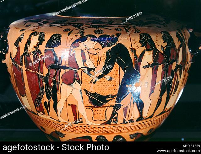 Künstler: Griechisch Titel: Peleus ringt mit Atalante bei der Leichenfeier des Zelias vor dem Fell des Kalydonischen Ebers, Vase um 540 v. Chr