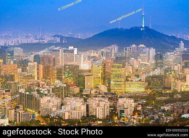 Aerial Sunset and Night view of Seoul Downtown cityscape with Seoul Tower in South Korea