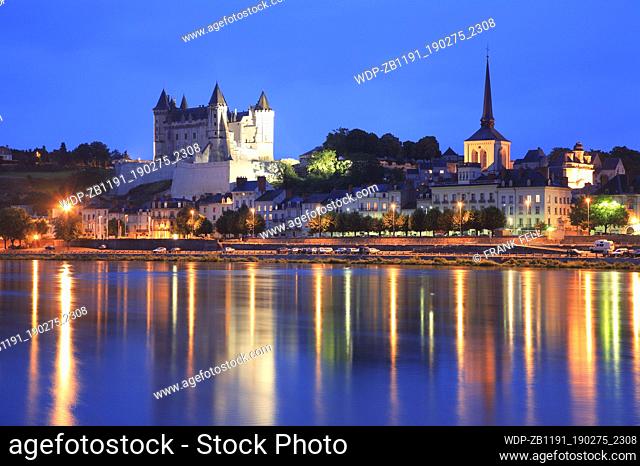 France, Main-et-Loire, Saumur, Castle & Loire river at night