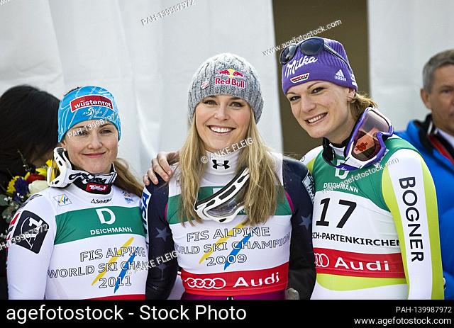 Elisabeth GOERGL will be 40 years old on February 20, 2021, left to right winner Elisabeth GOERGL, AUT, 1st place Lindsey VONN, USA, 2nd place, and Maria RIESCH