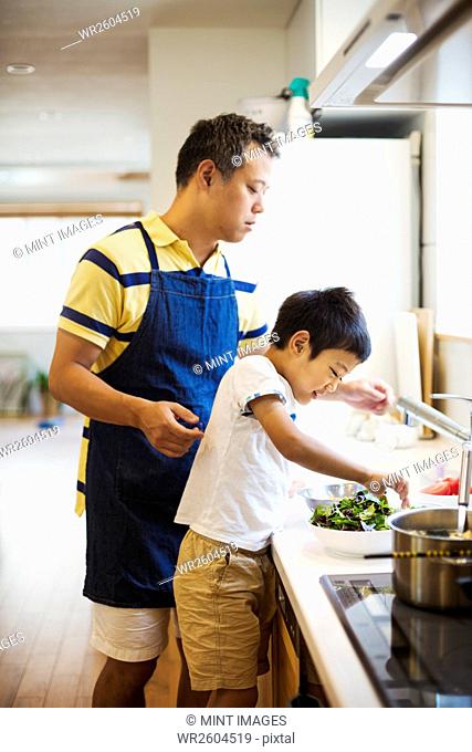 Family home. A man in a blue apron preparing a meal with his son