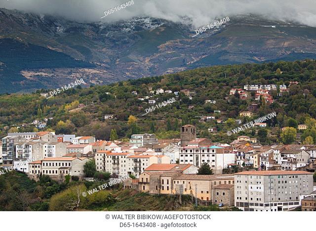 Spain, Castilla y Leon Region, Salamanca Province, Bejar, elevated town view with the Sierra de Bejar Mountains