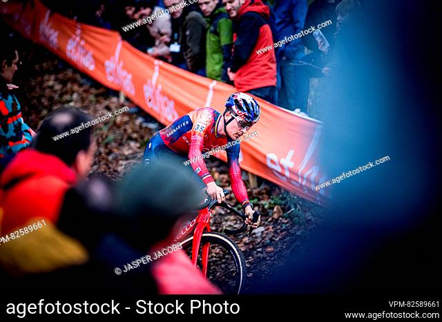 British Thomas Tom Pidcock pictured in action during the men's elite race at the World Cup cyclocross cycling event in Namur, Belgium
