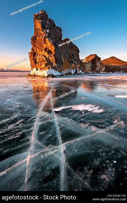 Famous Baikal Lake Ice and Island Oltrek at Sunrise, Baikal Lake, Russia