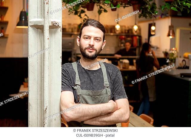 Portrait of young male cafe owner in cafe