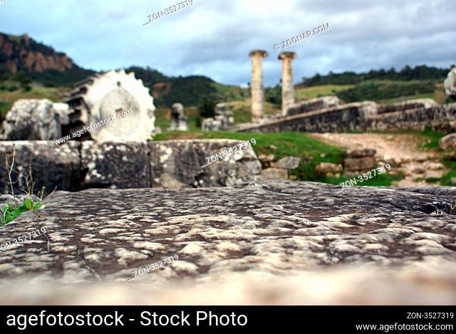 Big stone and ruins of Artemis temple in SArdis, Turkey