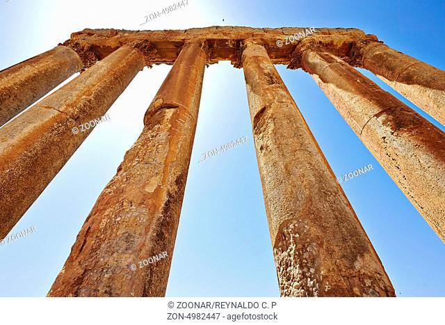Baalbek, Lebanon.Temple of Jupiter in Baalbek (Jupiter columns ). /The Roman Temples of Baalbek are some of the best preserved Roman ruins