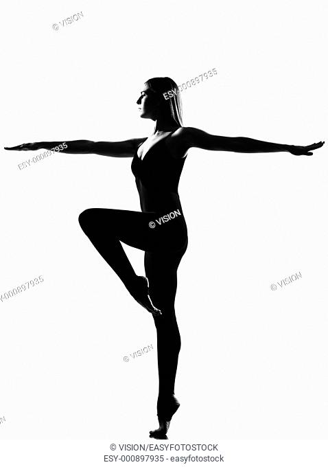 beautiful caucasian tall woman ballet dancer standing pose full length on studio isolated white background