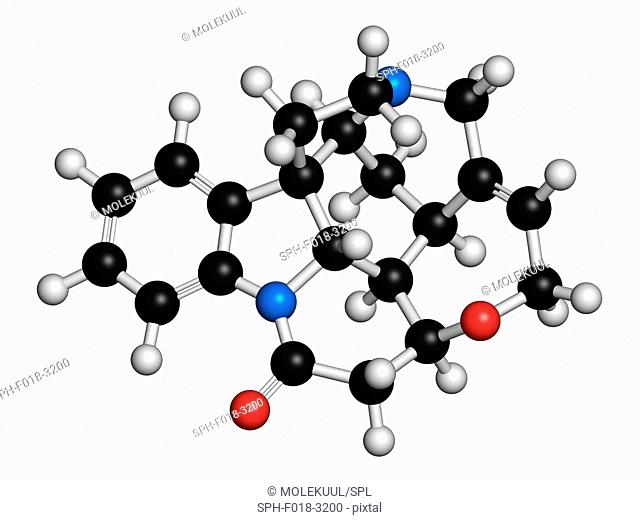 Strychnine poisonous alkaloid molecule. Isolated from Strychnos nux-vomica tree. Atoms are represented as spheres with conventional colour coding: hydrogen...