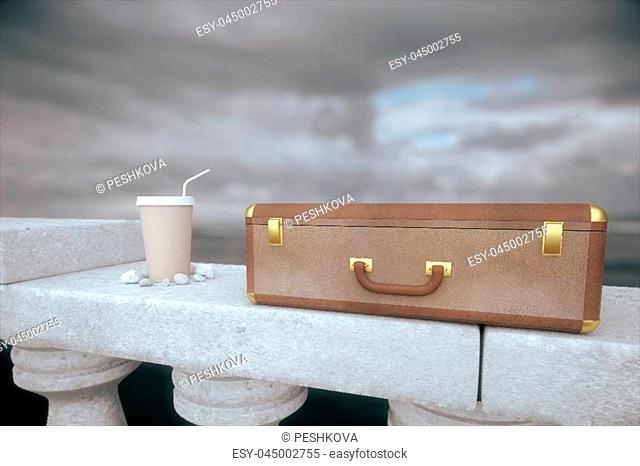 Clouseup of closed suitcase and coffee cup with straw on concrete bridge railing with stormy sky in the background. 3D Rendering
