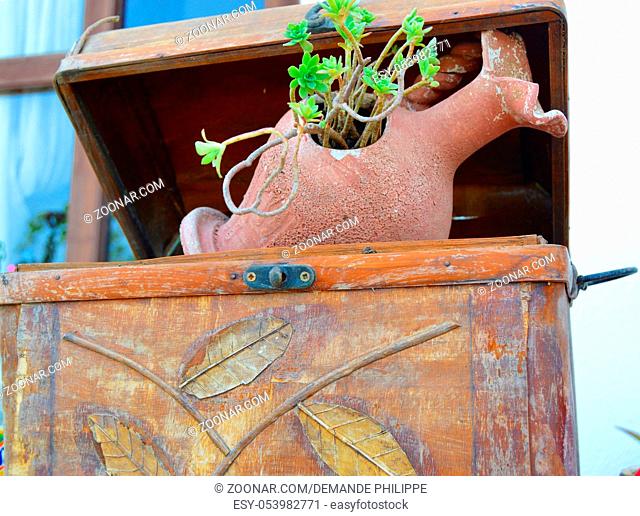Amphora in terra-cotta serving as flowerpot rest on a wooden safe with sheets as side dish