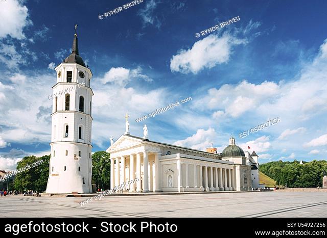 Vilnius, Lithuania. View Of Bell Tower And Facade Of Cathedral Basilica Of St. Stanislaus And St. Vladislav On Cathedral Square, Famous Landmark