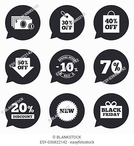 Sale discounts icon. Shopping, black friday and cash money signs. 10, 20, 50 and 70 percent off. Special offer symbols. Flat icons in speech bubble pointers