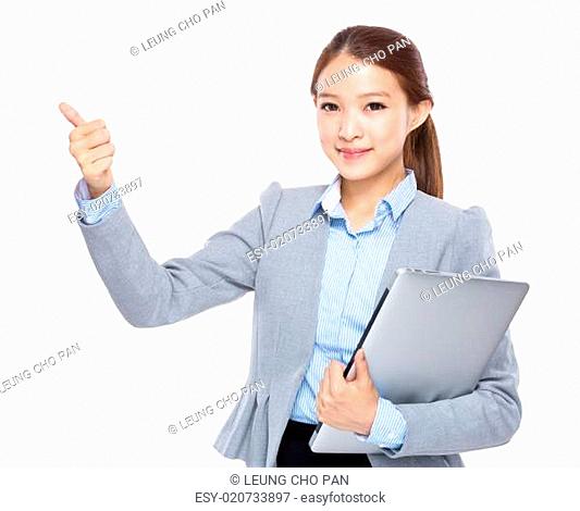 Businesswoman with laptop and prefect sign
