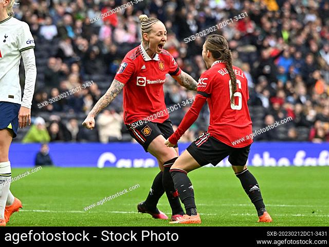 Leah Galton (11) of Manchester pictured celebrating with teammates after scoring a goal during a female soccer game between Tottenham Hotspur Women and...