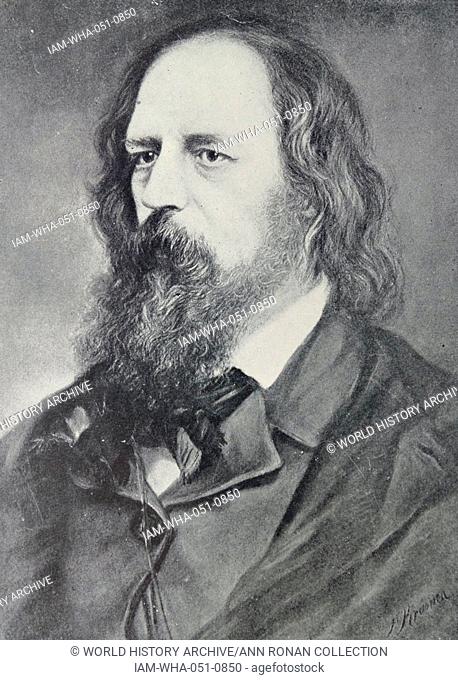 Portrait of Alfred Tennyson (1809-1892) Poet Laureate of Great Britain and Ireland during much of Queen Victoria's reign and remains one of the most popular...