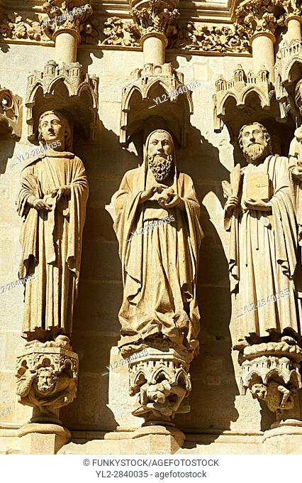 Gothic statues of an array of saints. Gothic Cathedral of Notre-Dame, Amiens, France
