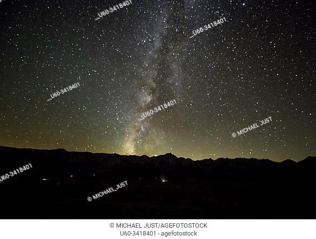 The Milky Way appears over the Sierra Nevada Mountain Range near Lone Pine, California