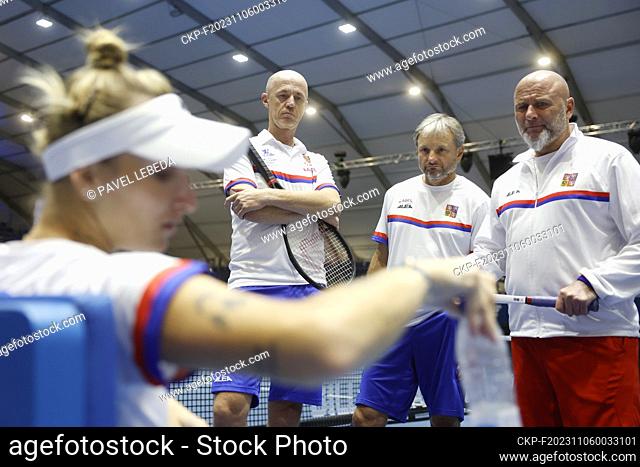 (L-R) Czech tennis player Marketa Vondrousova, non-playing captain Petr Pala and coaches David Kunst and David Kotyza attend a training of Czech team prior to...