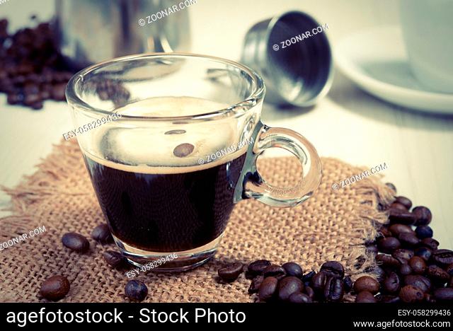 breakfast concept with cup of hot coffee filtered image effect