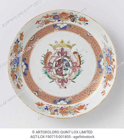 Saucer-dish with a crowned coat of arms and flowers with precious objects, Porcelain dish, painted on the glaze in blue, red, pink, green, yellow