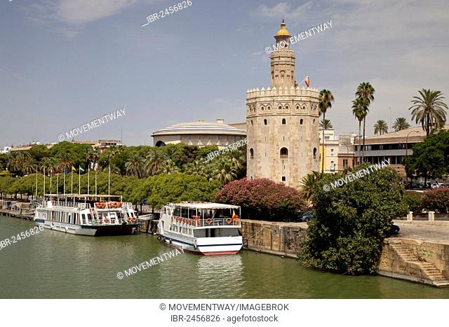 Torre del Oro tower beside the Guadalquivir River, Seville, Andalusia, Spain, Europe, PublicGround
