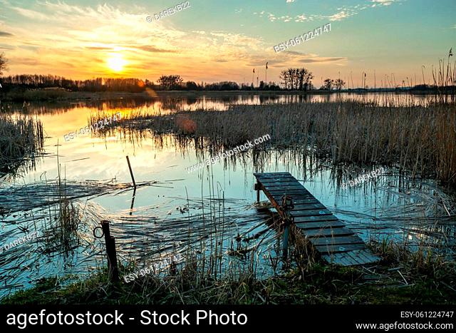 A small footbridge on the shore of a lake with reeds, Stankow, Lubelskie, Poland