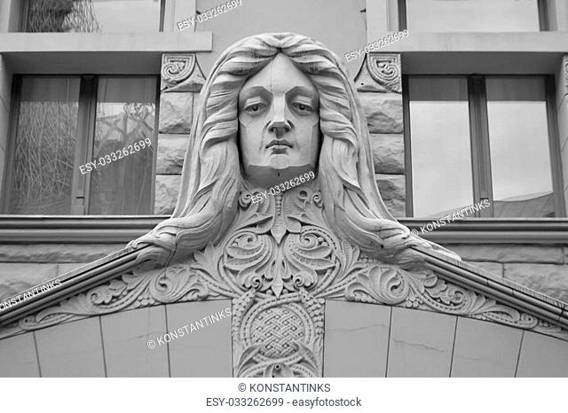 Fragment of Art Nouveau building in center of Riga, Latvia. Black and white