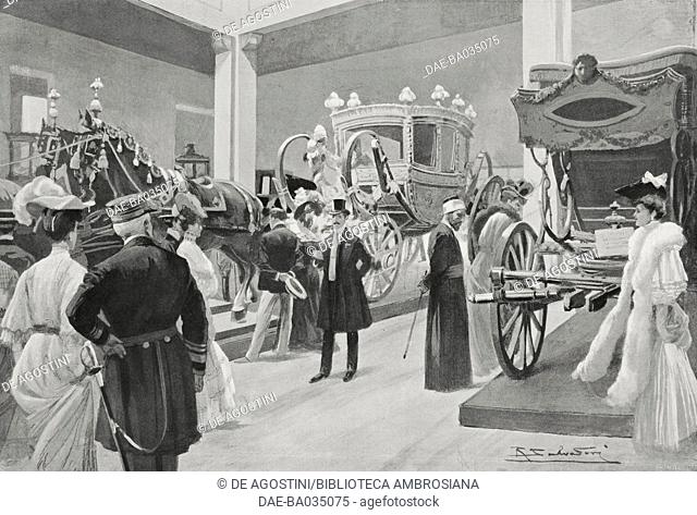 The Pope's carriage, retrospective transport exhibition at the International Exhibition in Milan, Italy, drawing by Riccardo Salvadori