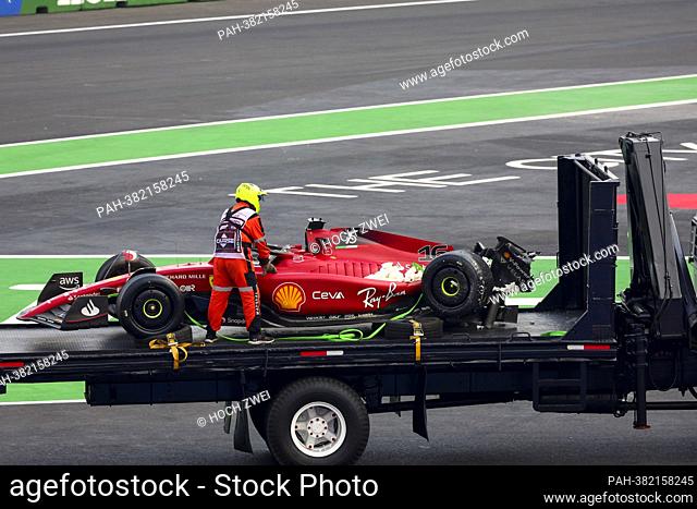 Damaged car of #16 Charles Leclerc (MCO, Scuderia Ferrari), F1 Grand Prix of Mexico at Autodromo Hermanos Rodriguez on October 28, 2022 in Mexico City, Mexico