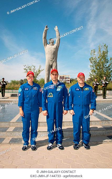 In the town of Baikonur, Kazakhstan, Expedition 53-54 backup crewmembers Shannon Walker of NASA (left), Anton Shkaplerov of Roscosmos (center) and Scott Tingle...