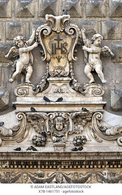 Naples, Italy  Detail of the barque facade of the church Gesu Nuovo, Piazza del Gesu