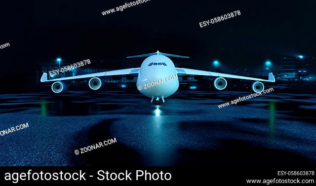 Large cargo plane stands on the tarmac of an airport at night , transportation or logistics concept