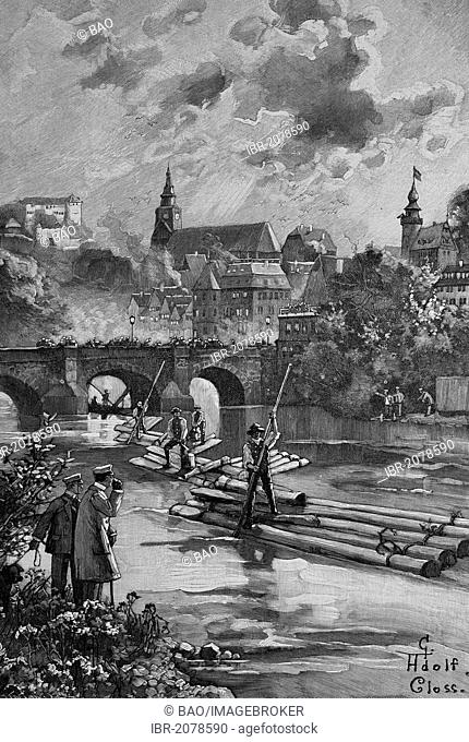 Black Forest rafter on the Neckar river in Tuebingen, Baden-Wuerttemberg, Germany, woodcut, historical engraving, 1882