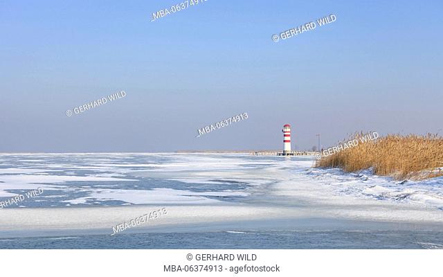 icebound Neusiedlersee (lake), lighthouse and reed close Podersdorf am See, Burgenland, Austria