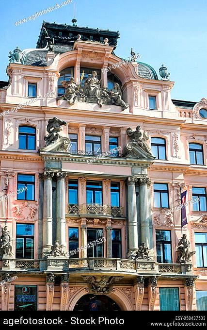 Ornate apartment block and shops adjacent to Wenceslas Square in Prague