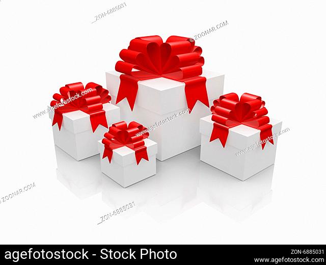 Four white gift boxes with red ribbon for surprise, isolated on white background