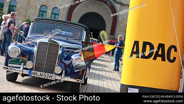 22 July 2023, Saxony-Anhalt, Blankenburg: Participants are at the start of the traditional classic car excursion ""ADAC Sachsen-Anhalt Classic""