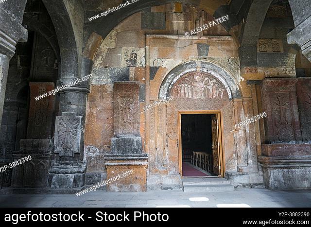 Portal with carved scene of the Parable of the Wise and Foolish Virgins at Hovhannavank monastery in Aragatsotn province in Armenia