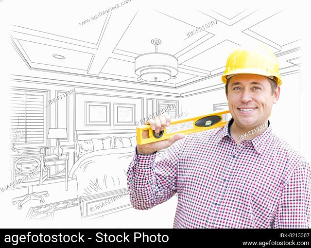 Smiling contractor in hard hat with level over custom bedroom drawing and photo combination